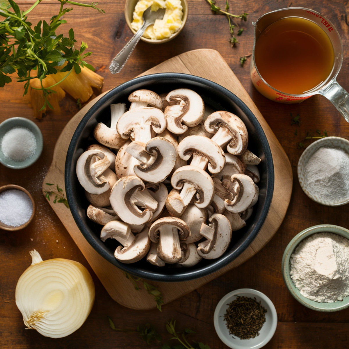 Fresh ingredients for a rich and savory mushroom gravy, including sliced mushrooms, onions, butter, broth, flour, and seasonings, arranged on a rustic wooden surface. The perfect topping for a delicious Salisbury Steak Recipe With Ground Chicken.