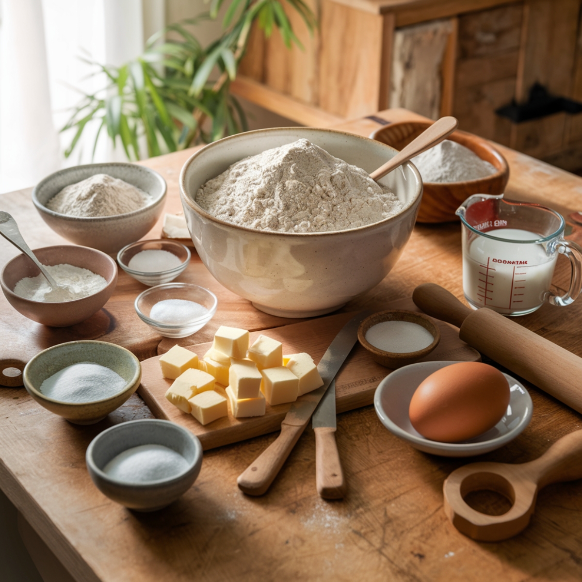 Rustic Biscuit Breakfast Ingredients laid out on a wooden table, featuring all-purpose flour, cubed butter, buttermilk, sugar, salt, baking powder, and a fresh egg, ready to create flaky, buttery biscuits.