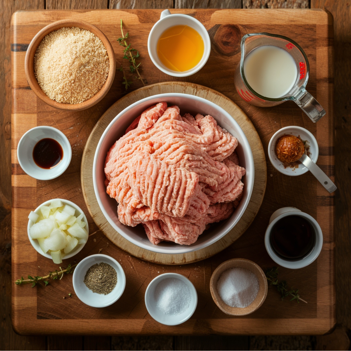 Fresh ingredients for a homemade Salisbury Steak Recipe With Ground Chicken, including ground chicken, breadcrumbs, milk, seasonings, onions, and Worcestershire sauce, neatly arranged on a wooden cutting board. A perfect setup for creating a savory and juicy dish.