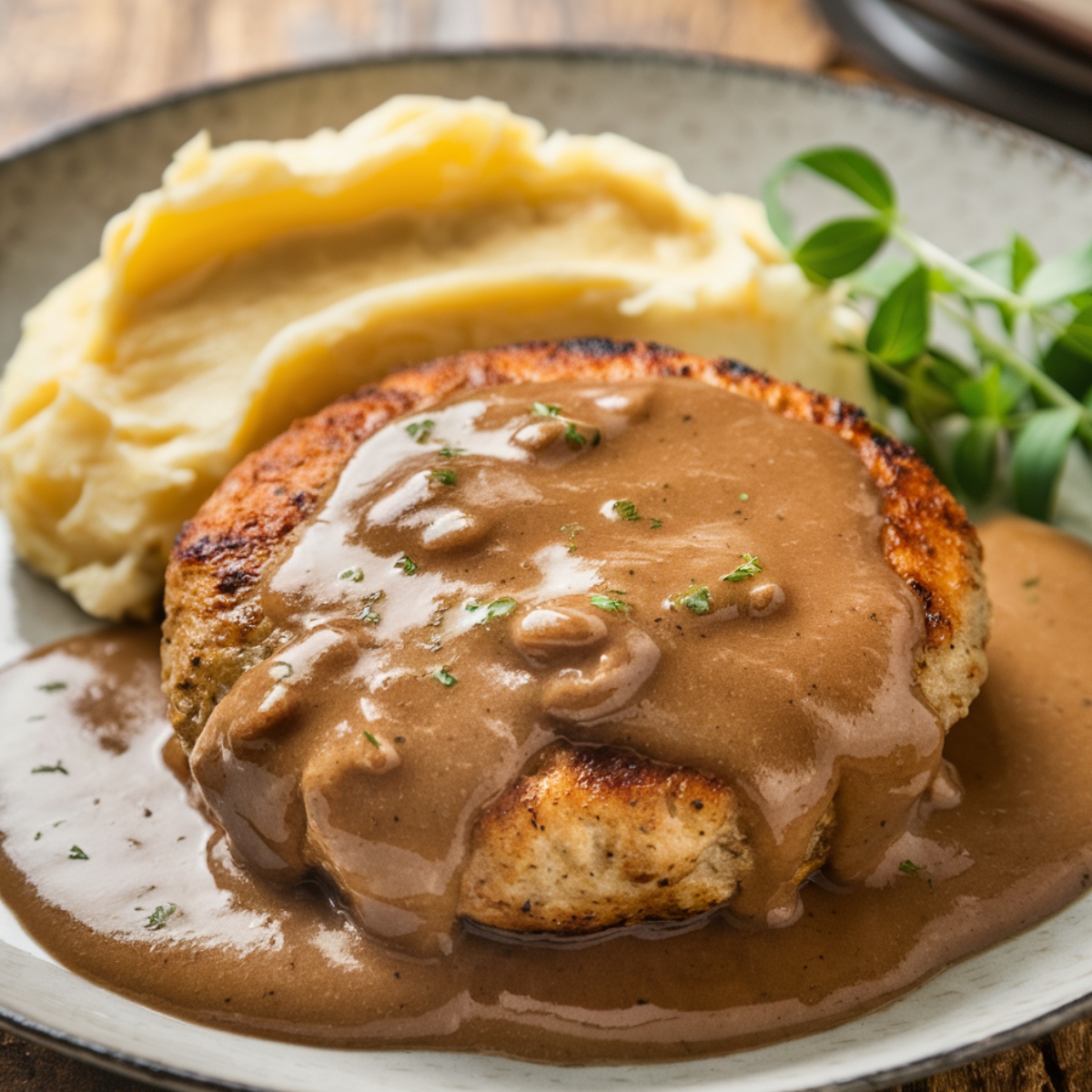 Hearty Salisbury Steak Recipe With Ground Chicken, covered in a rich mushroom gravy, garnished with fresh herbs, and served alongside roasted sweet potatoes and steamed broccoli on a white plate for a comforting meal.