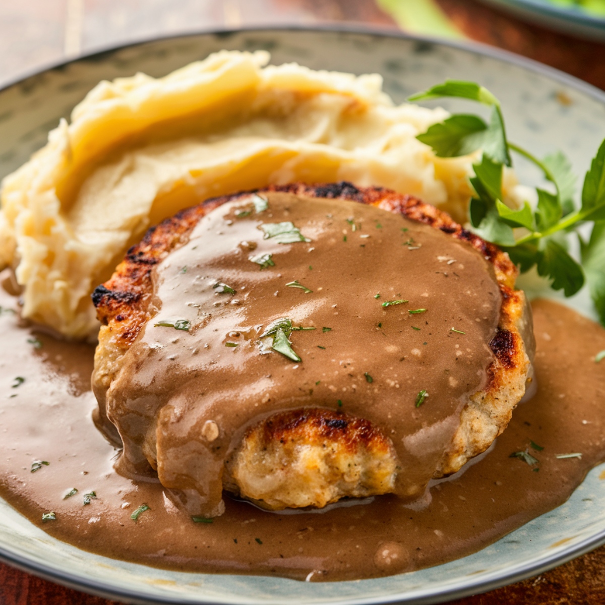 "Delicious Salisbury Steak Recipe With Ground Chicken, smothered in a rich and creamy mushroom gravy, garnished with fresh parsley, and served with roasted sweet potatoes and steamed broccoli on a white plate.