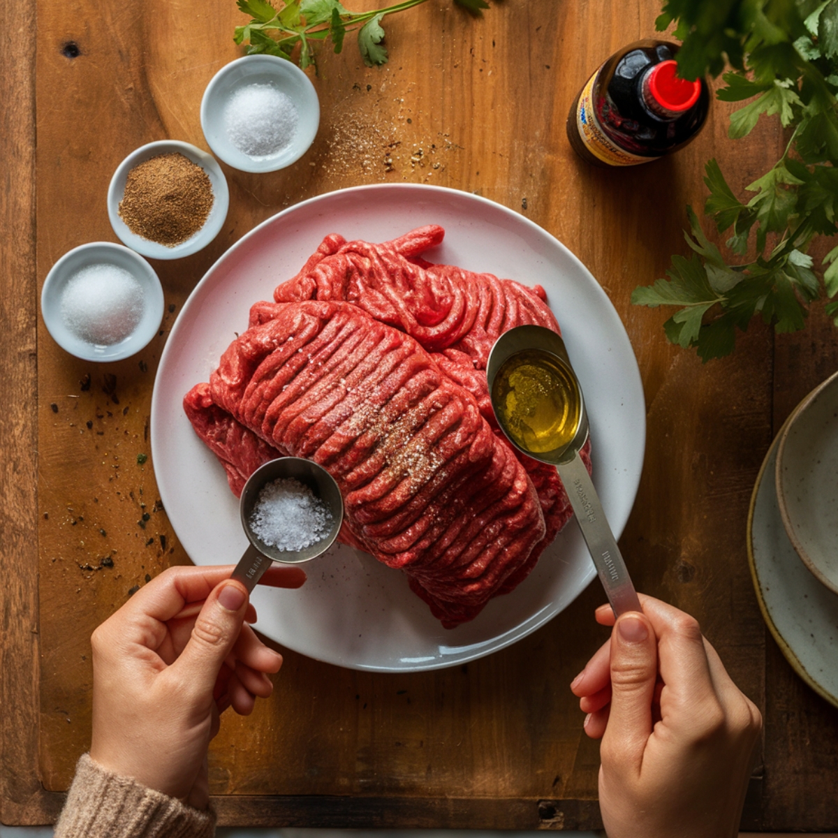 Seasoned ground beef preparation for a burger bowl recipe, featuring fresh raw ground beef on a plate with measuring spoons adding olive oil and salt. Surrounding the plate are small bowls of spices including garlic powder, onion powder, and Worcestershire sauce, creating a flavorful and savory base for the perfect burger bowl.