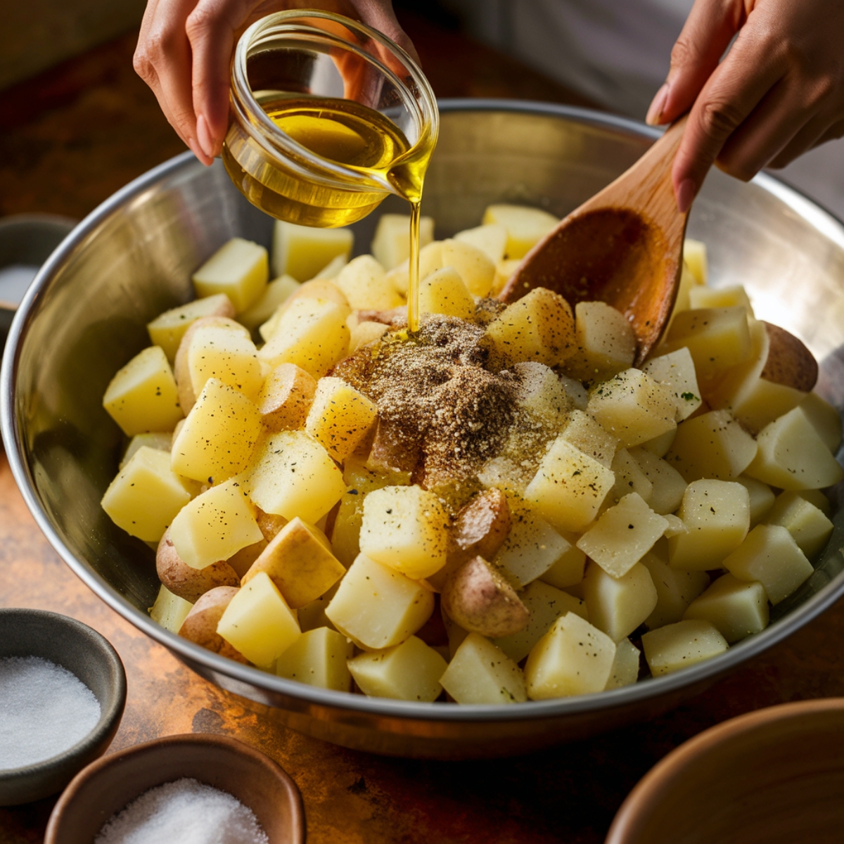 Seasoned Ranch Potatoes Recipe – A bowl of freshly cubed potatoes tossed with olive oil, ranch seasoning, garlic powder, and black pepper, creating a flavorful and crispy side dish perfect for any meal.