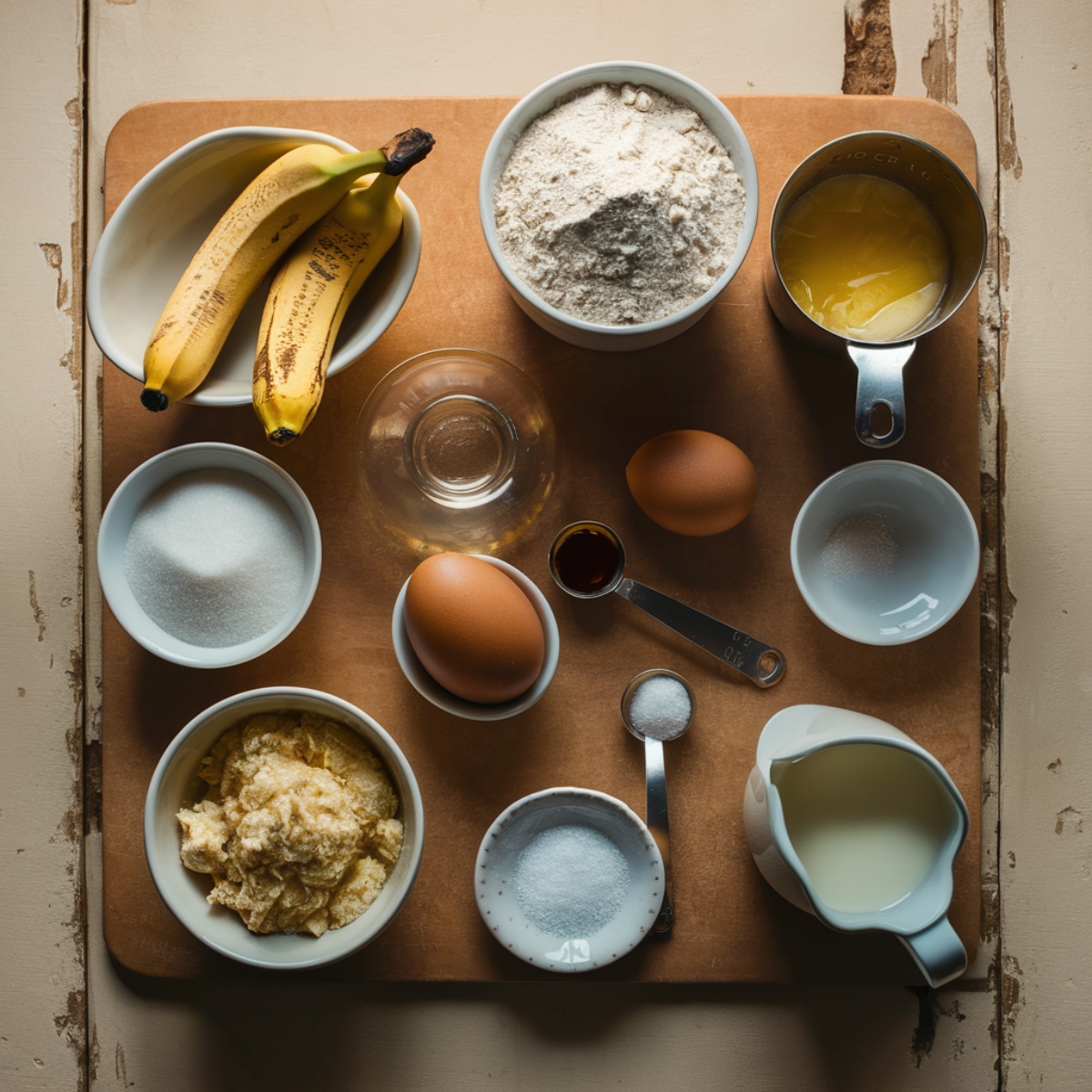 A top-down view of ingredients for a banana bread recipe using 2 ripe bananas. Displayed on a rustic wooden board are flour, melted butter, sugar, eggs, vanilla extract, baking soda, salt, and milk. A cozy and inviting setup for making a moist and easy homemade banana bread.