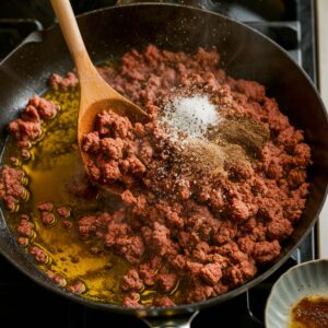 Sizzling seasoned ground beef cooking in a cast iron skillet with olive oil, garlic powder, onion powder, salt, pepper, and Worcestershire sauce. A wooden spoon is stirring the flavorful beef mixture, creating a rich and savory topping for a delicious burger bowl recipe.