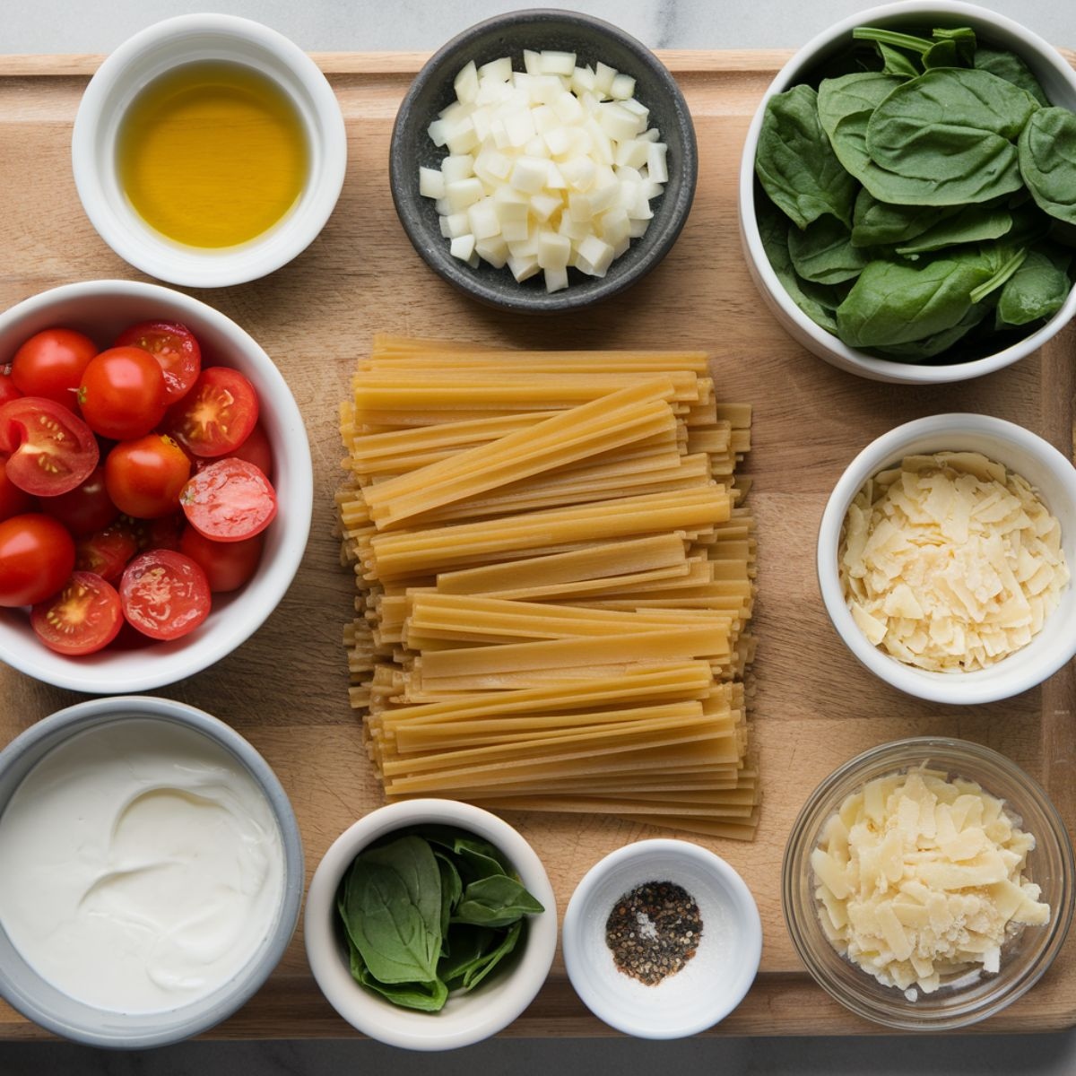 A top-down view of fresh ingredients for a Steak and Pasta Recipe, featuring uncooked pasta, cherry tomatoes, spinach, diced onions, Parmesan cheese, olive oil, sour cream, and black pepper. Perfect for creating a flavorful and savory steak and pasta dish.