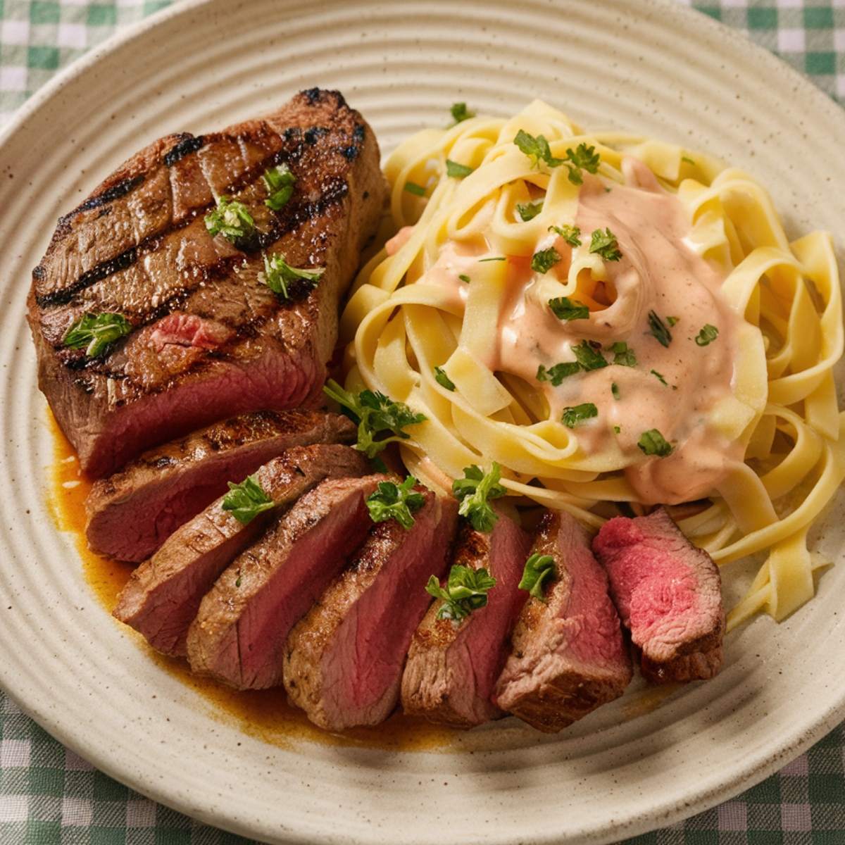 A beautifully plated Steak and Pasta Recipe, featuring a perfectly grilled and sliced steak with a golden-brown crust, served alongside creamy fettuccine pasta topped with a rich sauce and garnished with fresh parsley. A delicious and elegant meal for steak and pasta lovers.