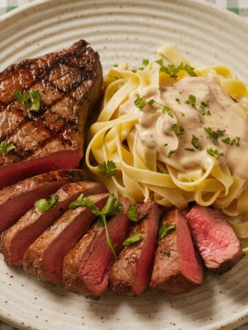 A gourmet Steak and Pasta Recipe, featuring a perfectly seared steak with a rich, golden crust, sliced to reveal a juicy, medium-rare center. Served alongside creamy fettuccine pasta topped with a luscious sauce and garnished with fresh parsley. A delicious and elegant meal for steak and pasta lovers.