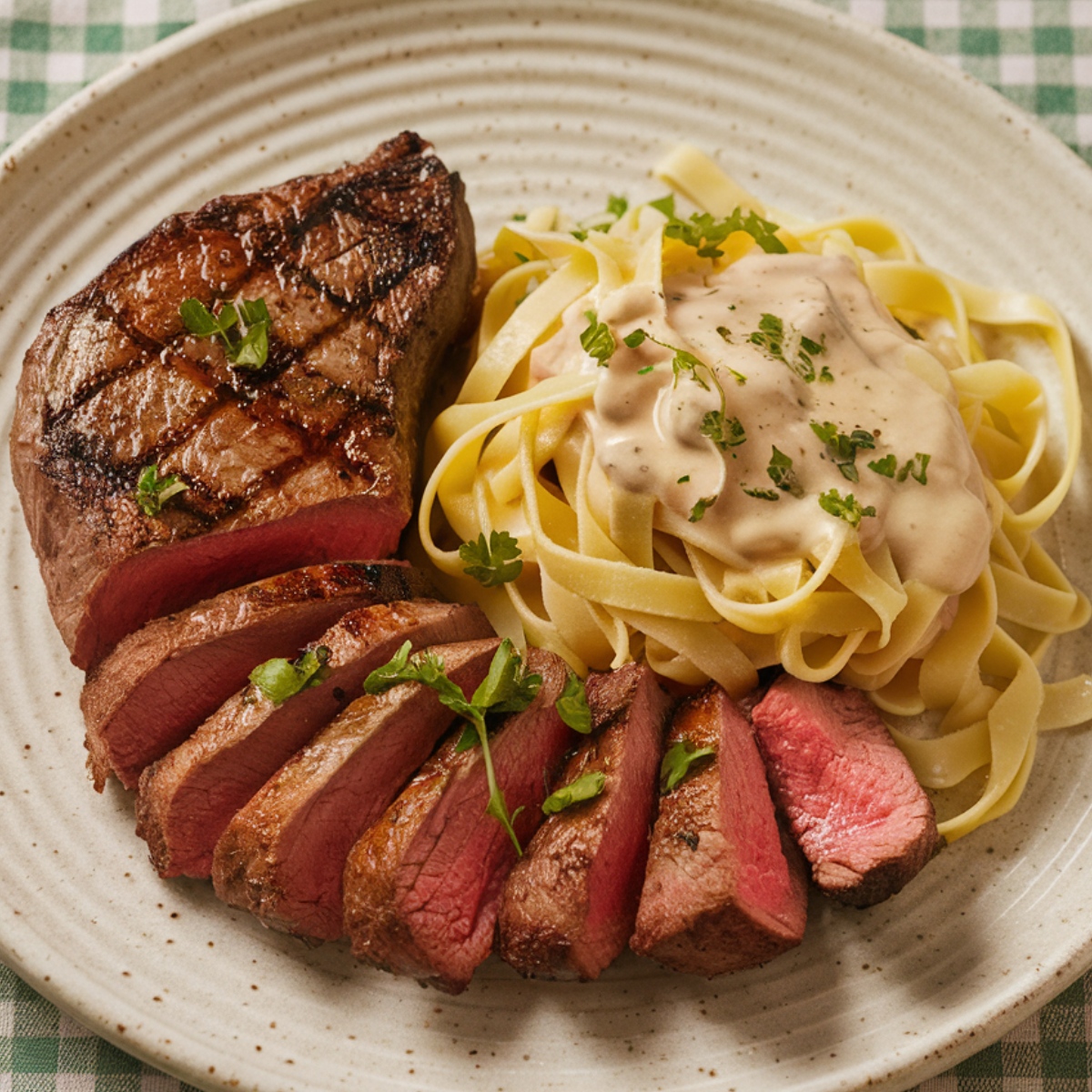 A gourmet Steak and Pasta Recipe, featuring a perfectly seared steak with a rich, golden crust, sliced to reveal a juicy, medium-rare center. Served alongside creamy fettuccine pasta topped with a luscious sauce and garnished with fresh parsley. A delicious and elegant meal for steak and pasta lovers.