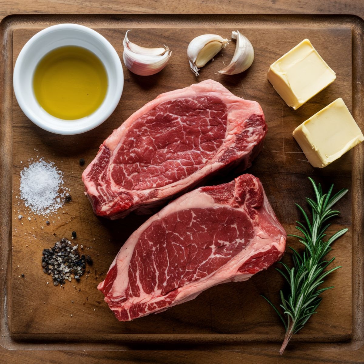 A rustic wooden cutting board displaying premium ingredients for a Steak and Pasta Recipe, including raw ribeye steaks, garlic cloves, butter, olive oil, rosemary, sea salt, and black pepper. Perfect for preparing a flavorful, juicy steak to pair with pasta.