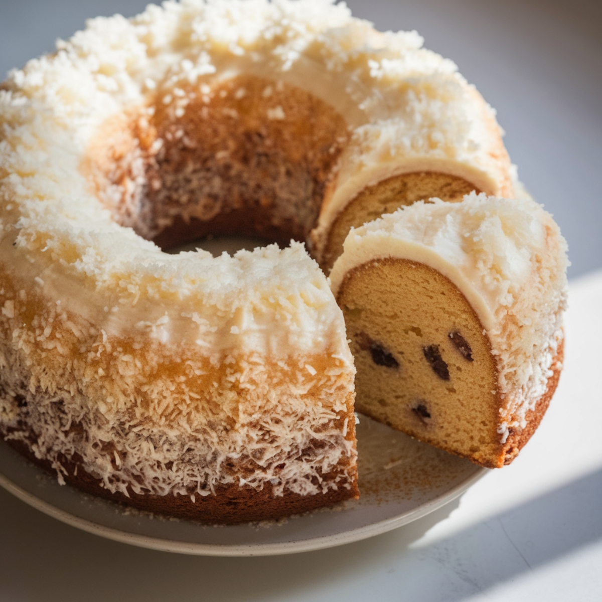 A perfectly baked Tom Cruise Coconut Cake with a golden-brown crust, topped with creamy coconut frosting and a generous sprinkle of shredded coconut. The sliced piece reveals a soft, fluffy interior with chocolate chunks, highlighting its rich, buttery texture. Warm lighting enhances the cake’s decadence, making it an irresistible dessert choice.