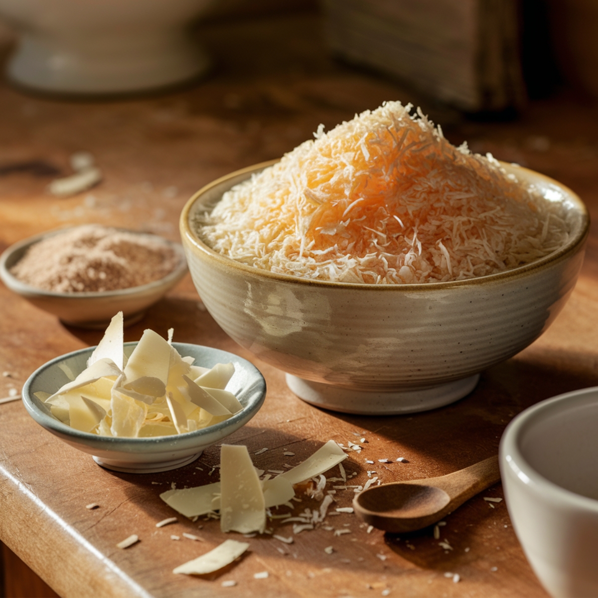 A beautifully arranged set of ingredients for the Tom Cruise Coconut Cake, featuring a bowl of sweetened shredded coconut and delicate white chocolate shavings. The warm, natural lighting highlights the textures of the coconut flakes and creamy chocolate, creating a cozy and inviting baking atmosphere.