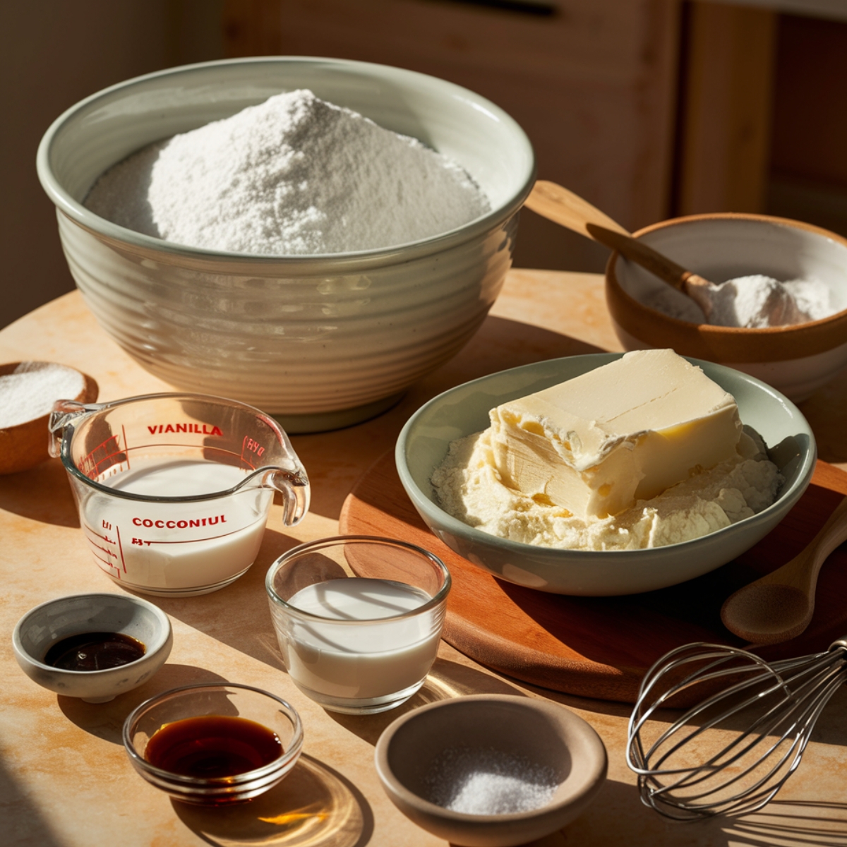 A beautifully arranged set of ingredients for the Tom Cruise Coconut Cake, including powdered sugar, softened butter, coconut milk, vanilla extract, and salt. The warm natural lighting highlights the rich textures and creamy consistency of the ingredients, creating a cozy and inviting baking scene.