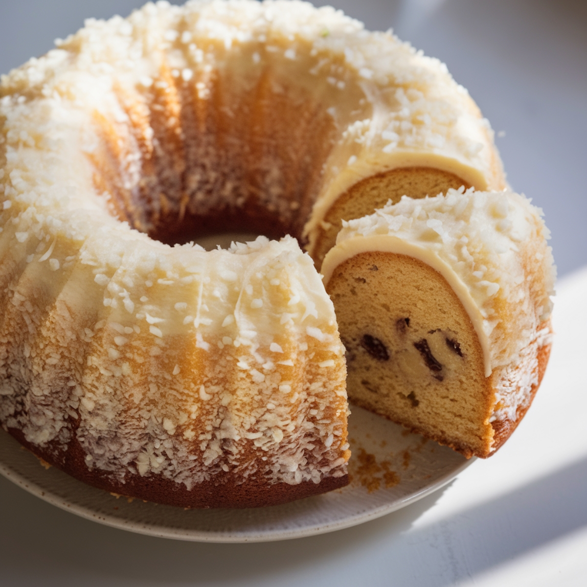 A beautifully baked Tom Cruise Coconut Cake with a golden, fluffy texture, coated in creamy coconut frosting and topped with shredded coconut. The bundt cake is sliced to reveal a moist interior with chocolate chunks, showcasing its rich and decadent flavor. Warm lighting highlights the cake’s irresistible texture, making it a perfect indulgent dessert.