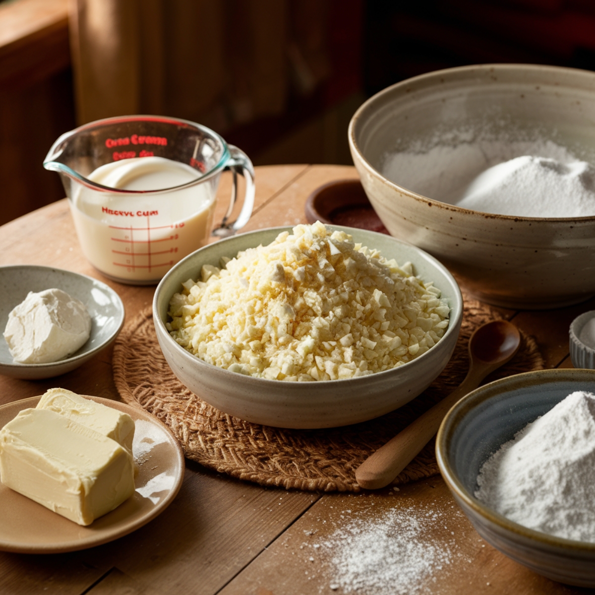 A cozy kitchen scene featuring the essential ingredients for the Tom Cruise Coconut Cake, including finely chopped white chocolate, powdered sugar, cream cheese, butter, and coconut milk. The warm natural lighting enhances the rich textures and creamy consistency, creating a perfect baking atmosphere.