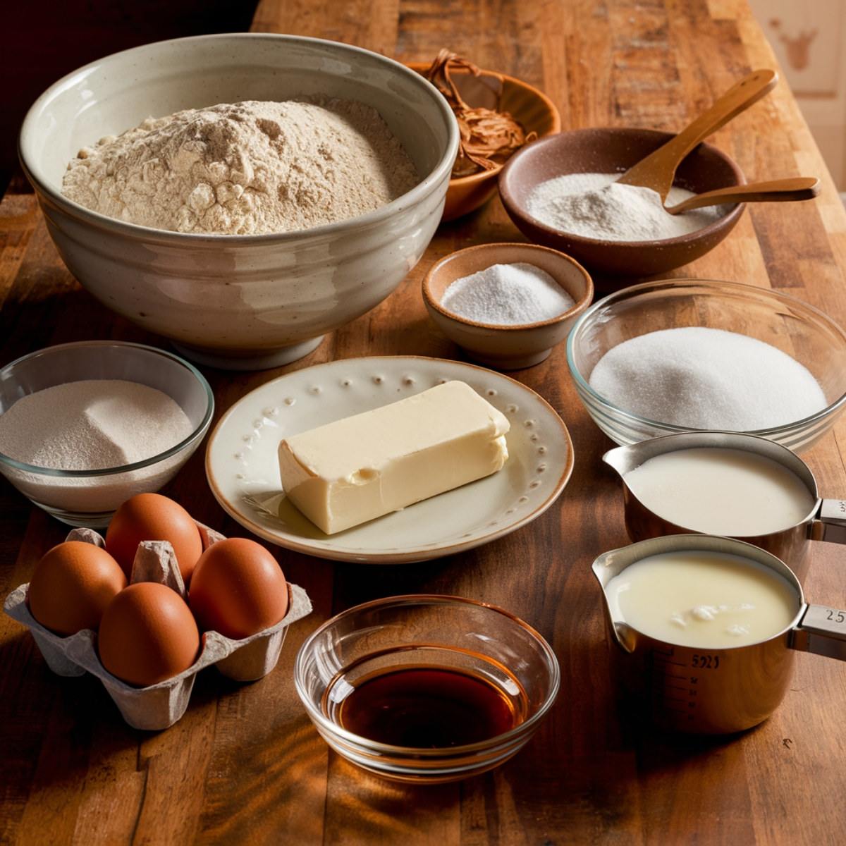 A beautifully arranged set of ingredients for the Tom Cruise Coconut Cake, including flour, sugar, butter, eggs, vanilla extract, and buttermilk. The warm, rustic kitchen setting highlights the rich textures and essential components needed to create this luxurious and decadent dessert.