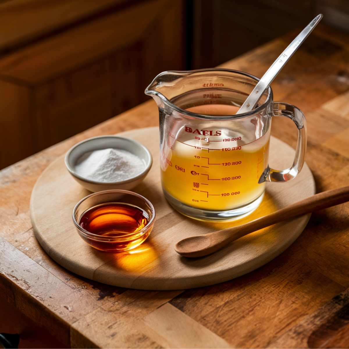 A beautifully arranged setup of a sourdough bagel recipe water bath, featuring a glass measuring cup filled with warm water, a small bowl of baking soda, and a dish of honey or barley malt syrup. This essential step in the bagel-making process helps create the perfect chewy texture and golden crust for authentic homemade bagels.