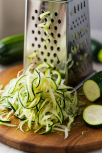 Freshly grated zucchini on a wooden cutting board with a box grater, ready to be used in Gluten-Free Zucchini Bread. The vibrant green and white shreds add moisture and texture to the homemade batter