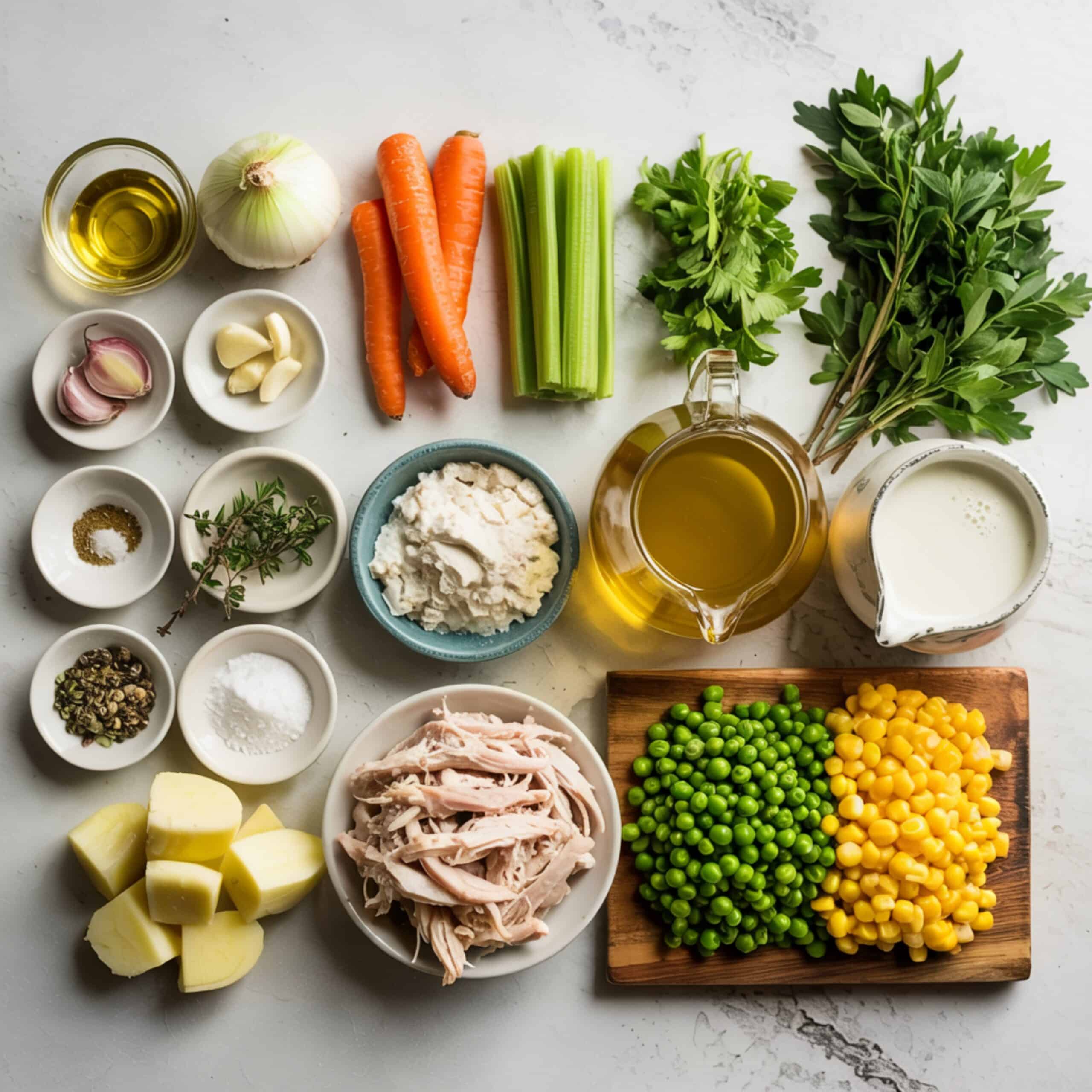 Ingredients for creamy chicken vegetable soup on white counter