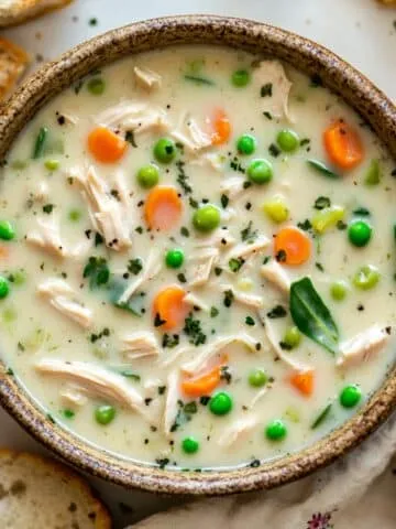 Homemade creamy chicken vegetable soup in rustic bowl