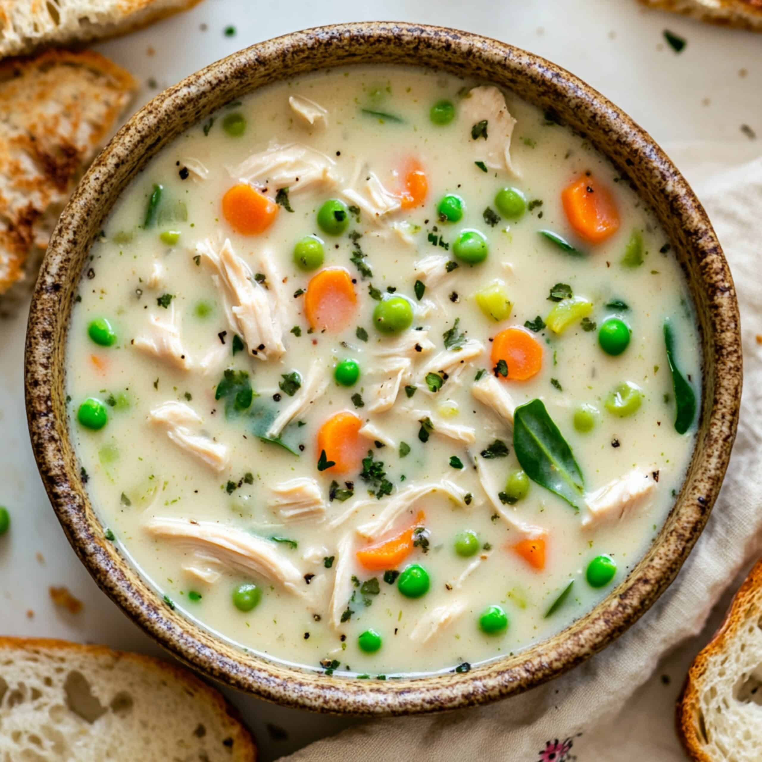 Homemade creamy chicken vegetable soup in rustic bowl