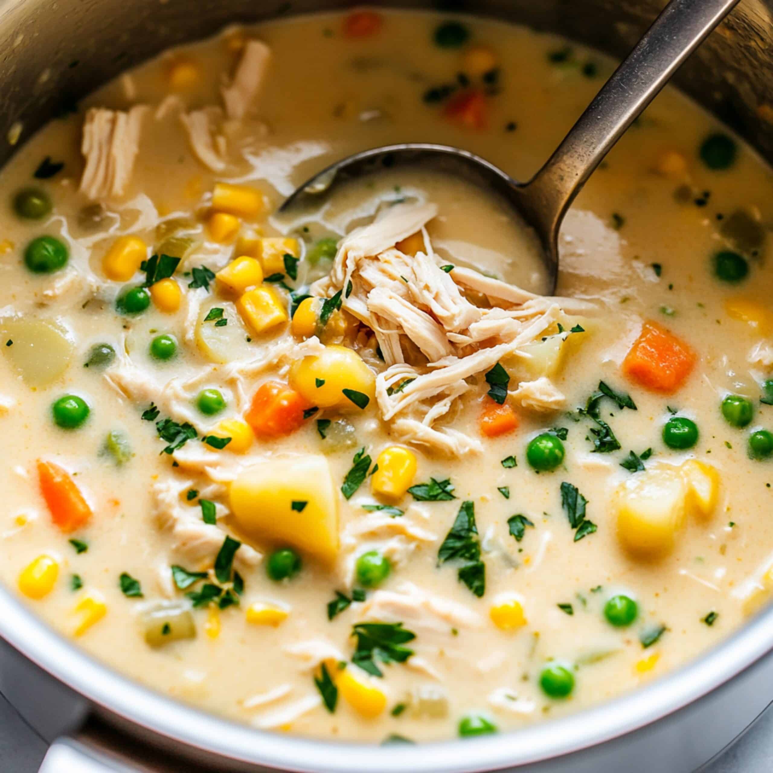 Creamy chicken vegetable soup nearly finished in pot

