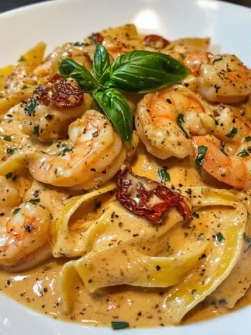 Homemade Marry Me Shrimp Pasta in creamy sauce on white plate