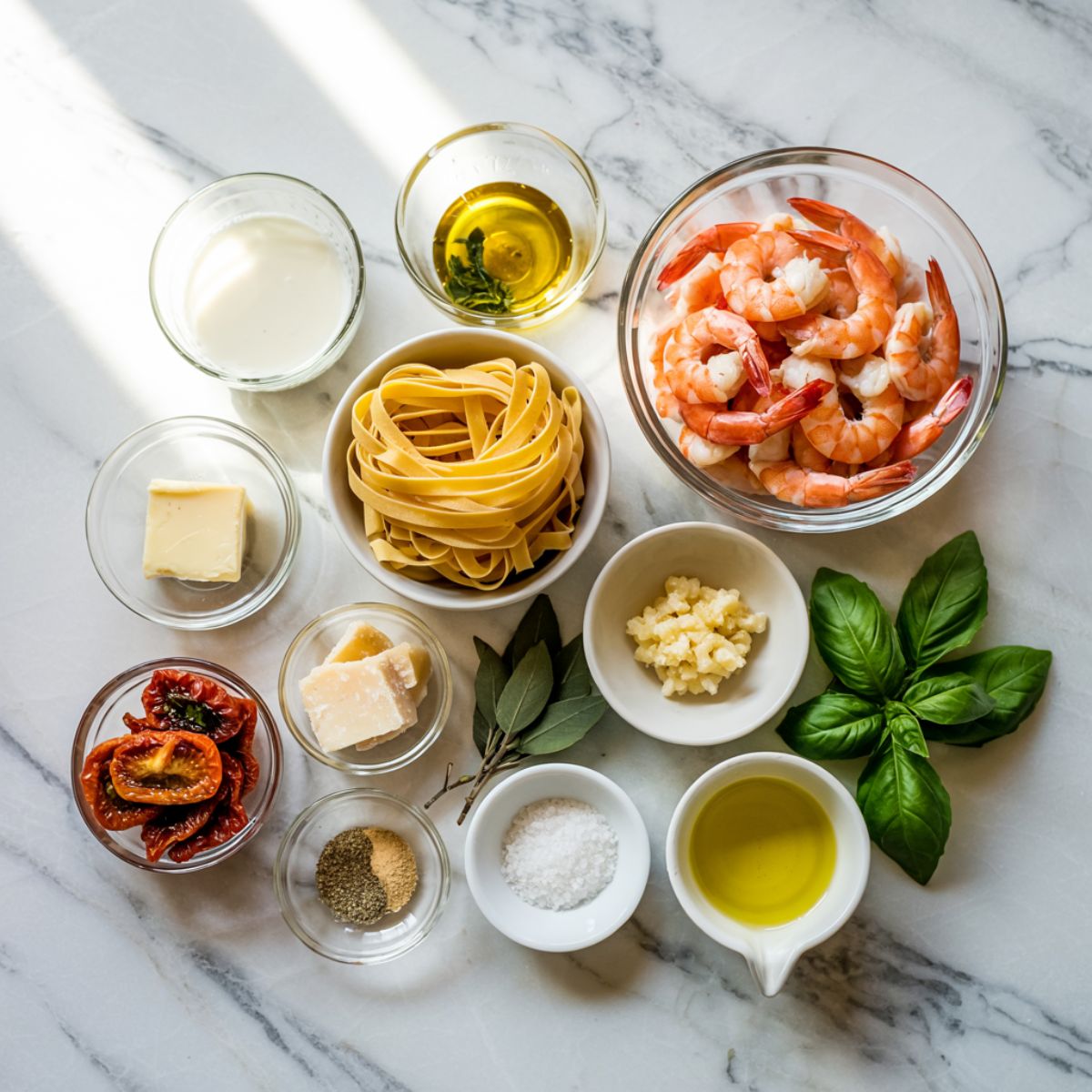 Fresh Marry Me Shrimp Pasta ingredients in bowls on white marble