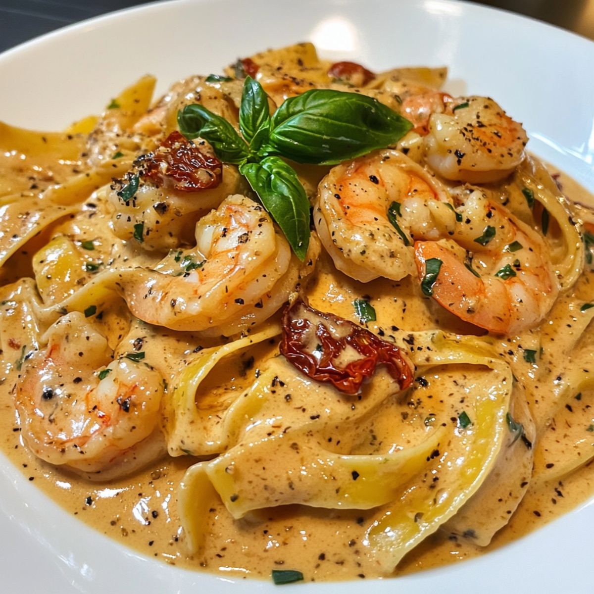 Homemade Marry Me Shrimp Pasta in creamy sauce on white plate