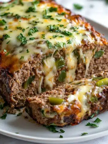 Realistic Philly Cheesesteak Meatloaf sliced on white plate