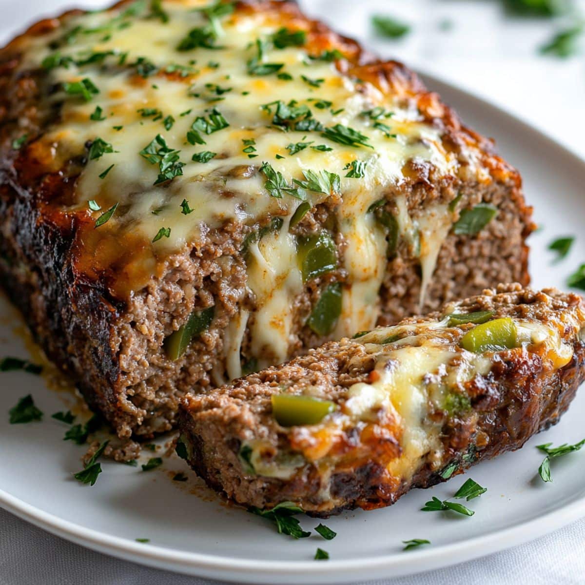 Realistic Philly Cheesesteak Meatloaf sliced on white plate