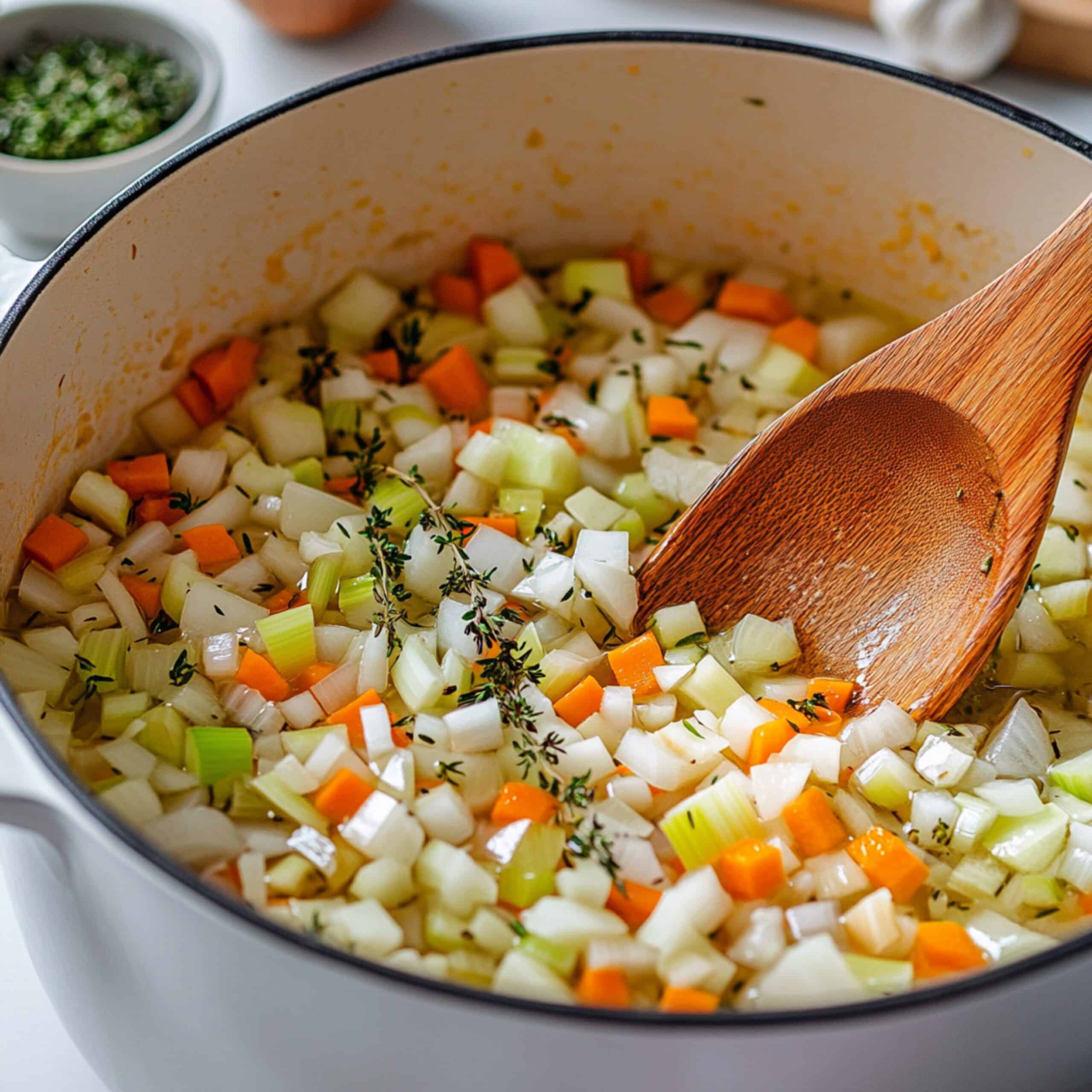 Sautéing carrots, onion, and celery for soup base