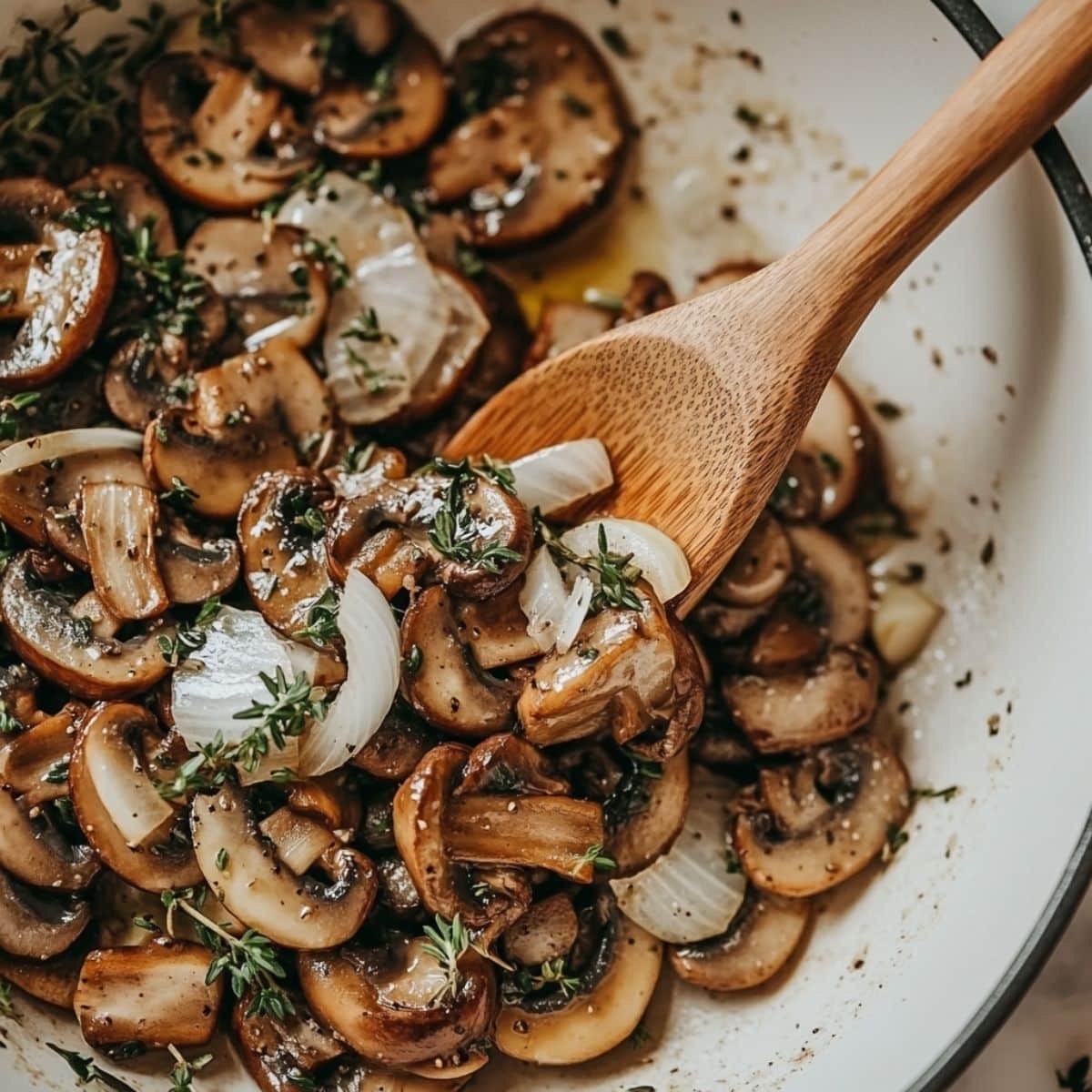 Sautéed mushrooms, onions, and herbs in a pan