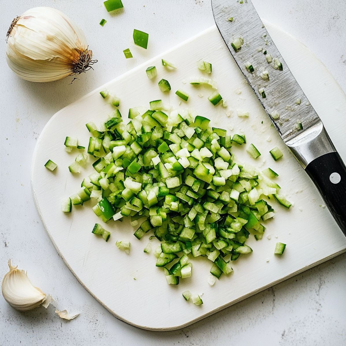 Diced bell pepper and onion on cutting board for meatloaf