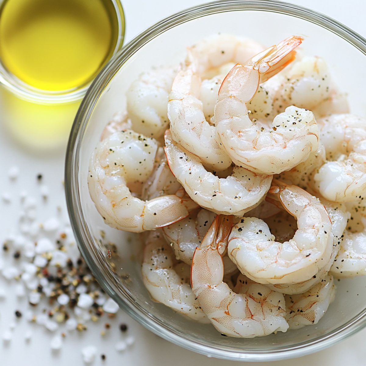 Peeled shrimp seasoned with salt and pepper in a bowl