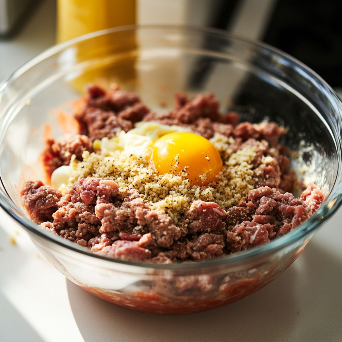 Mixing meatloaf ingredients in a large bowl