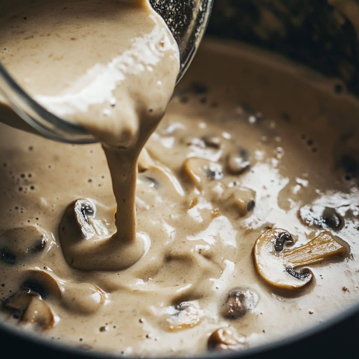 Blending vegan mushroom soup until creamy