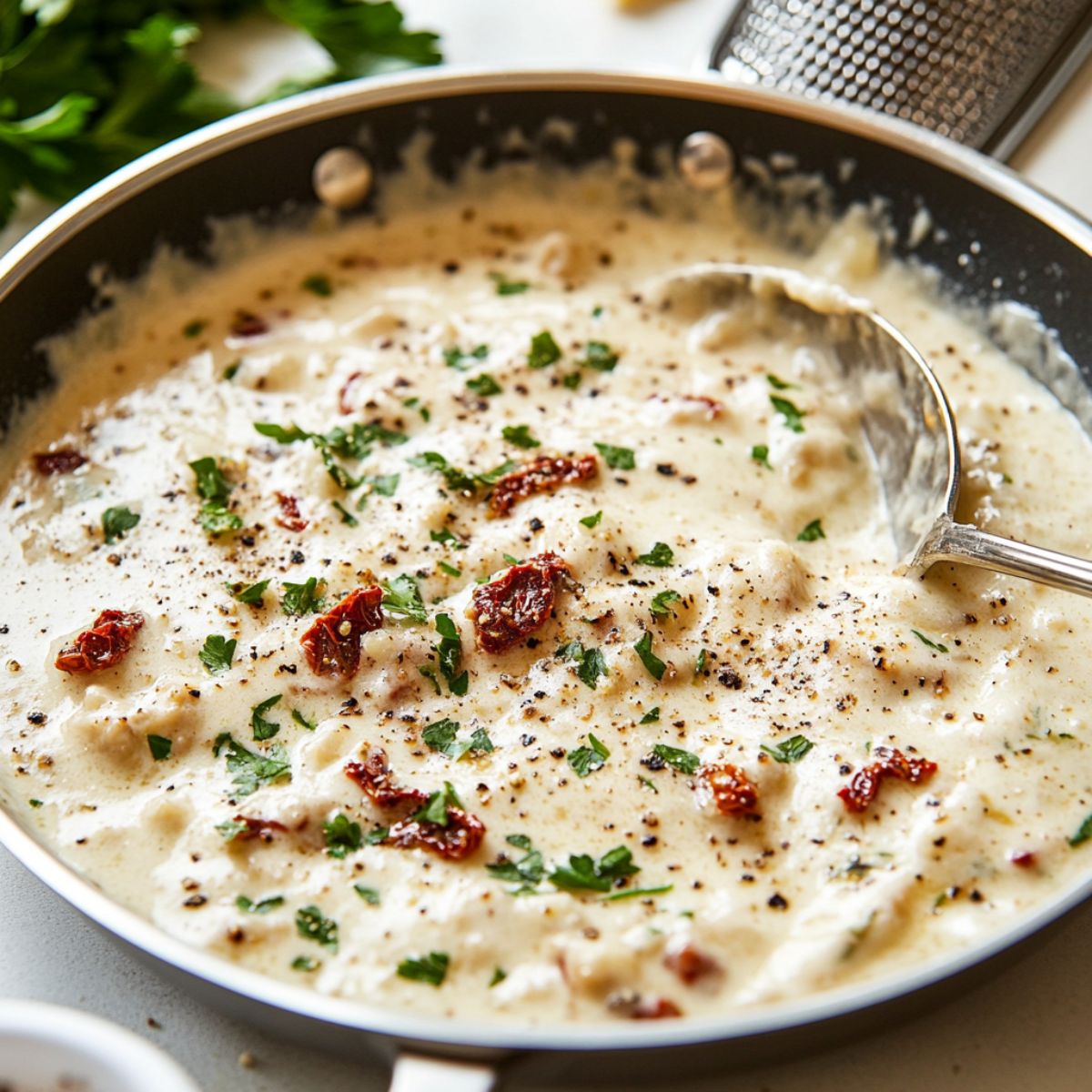 Creamy garlic parmesan sauce simmering in a skillet