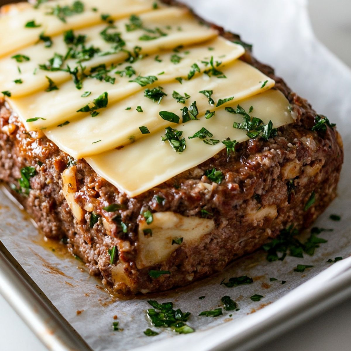 Assembling stuffed Philly Cheesesteak Meatloaf on baking sheet