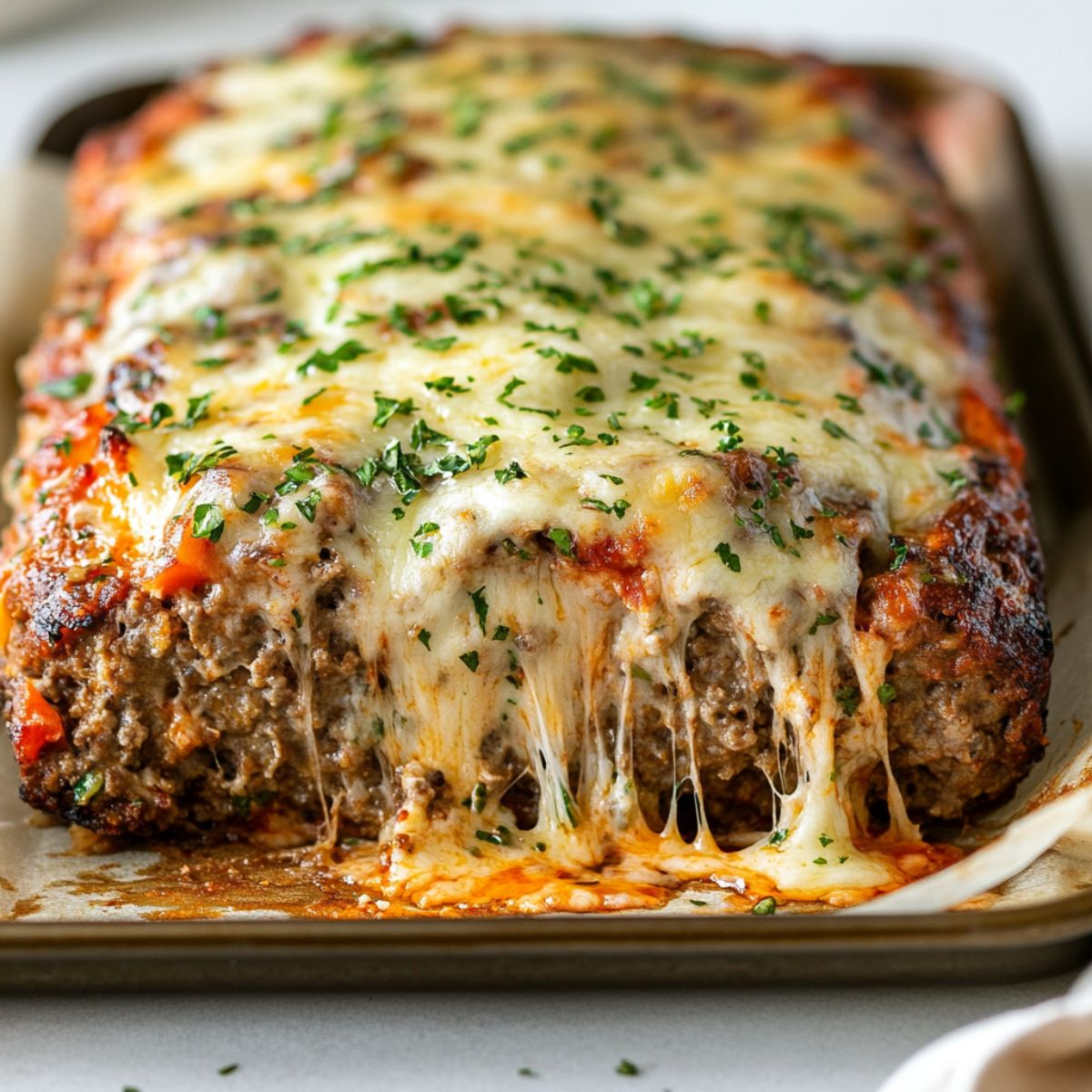 Freshly baked Philly Cheesesteak Meatloaf resting on tray