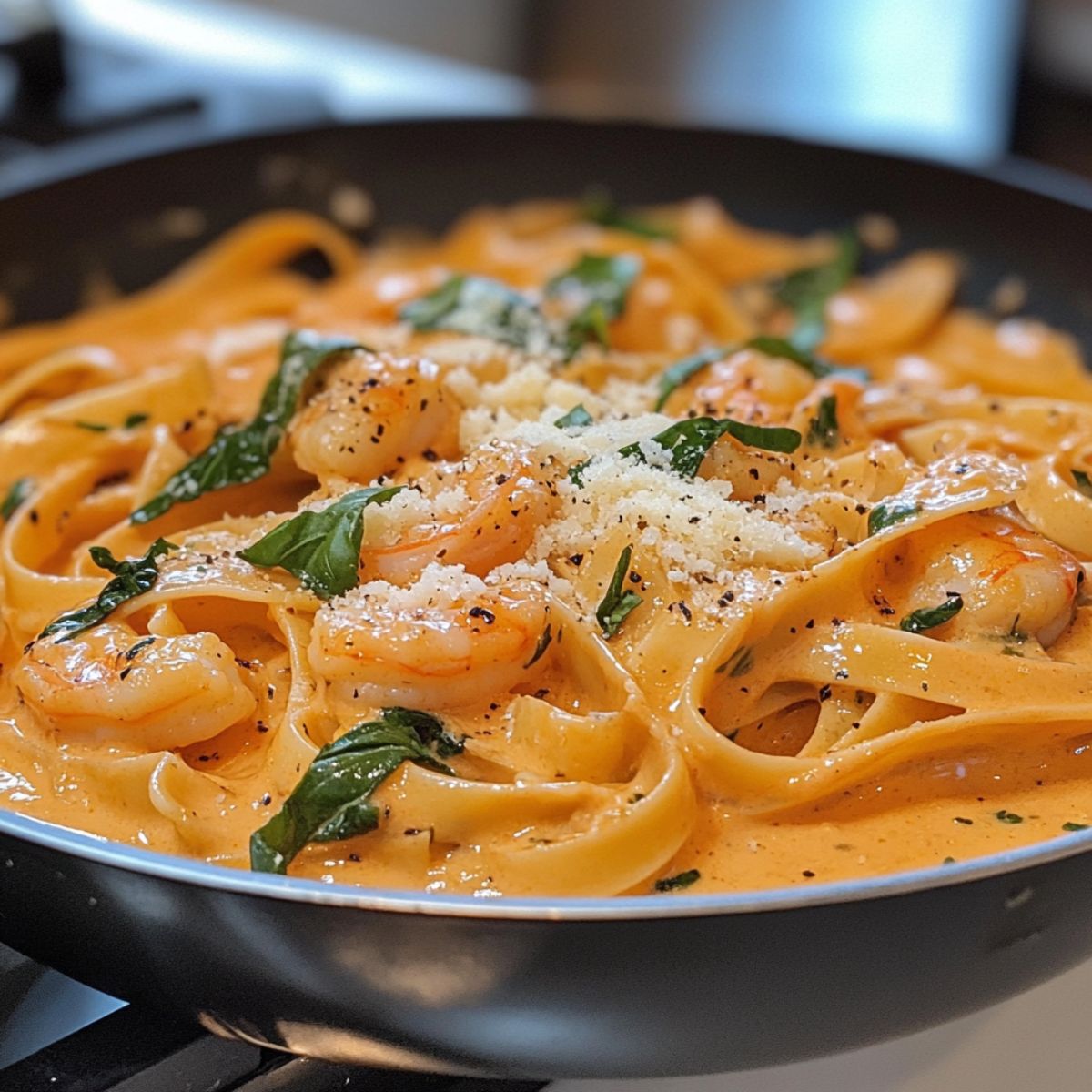 Shrimp pasta tossed in creamy sauce with fresh basil

