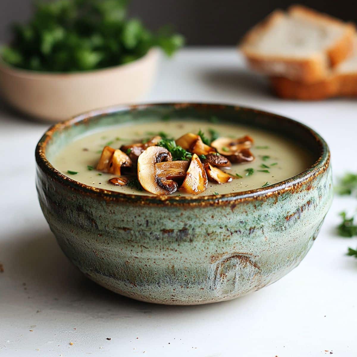 Served vegan mushroom soup with herbs and mushrooms