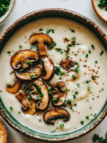 Creamy vegan mushroom soup with fresh herbs and mushrooms