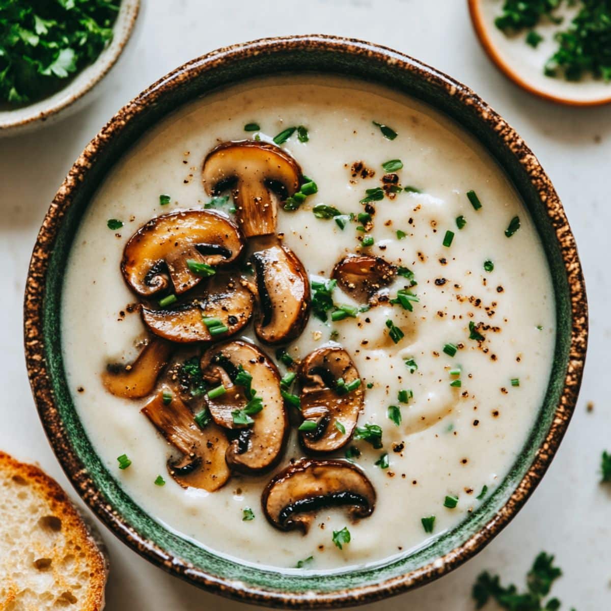 Creamy vegan mushroom soup with fresh herbs and mushrooms