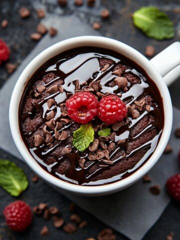 Freshly made 3 ingredient mug cake in white mug on counter