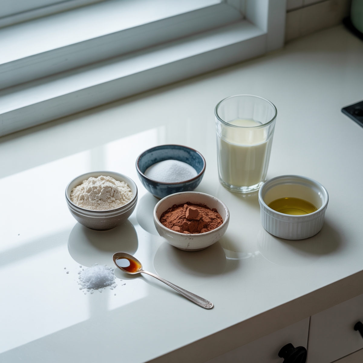Flat lay of mug cake ingredients on white kitchen counter