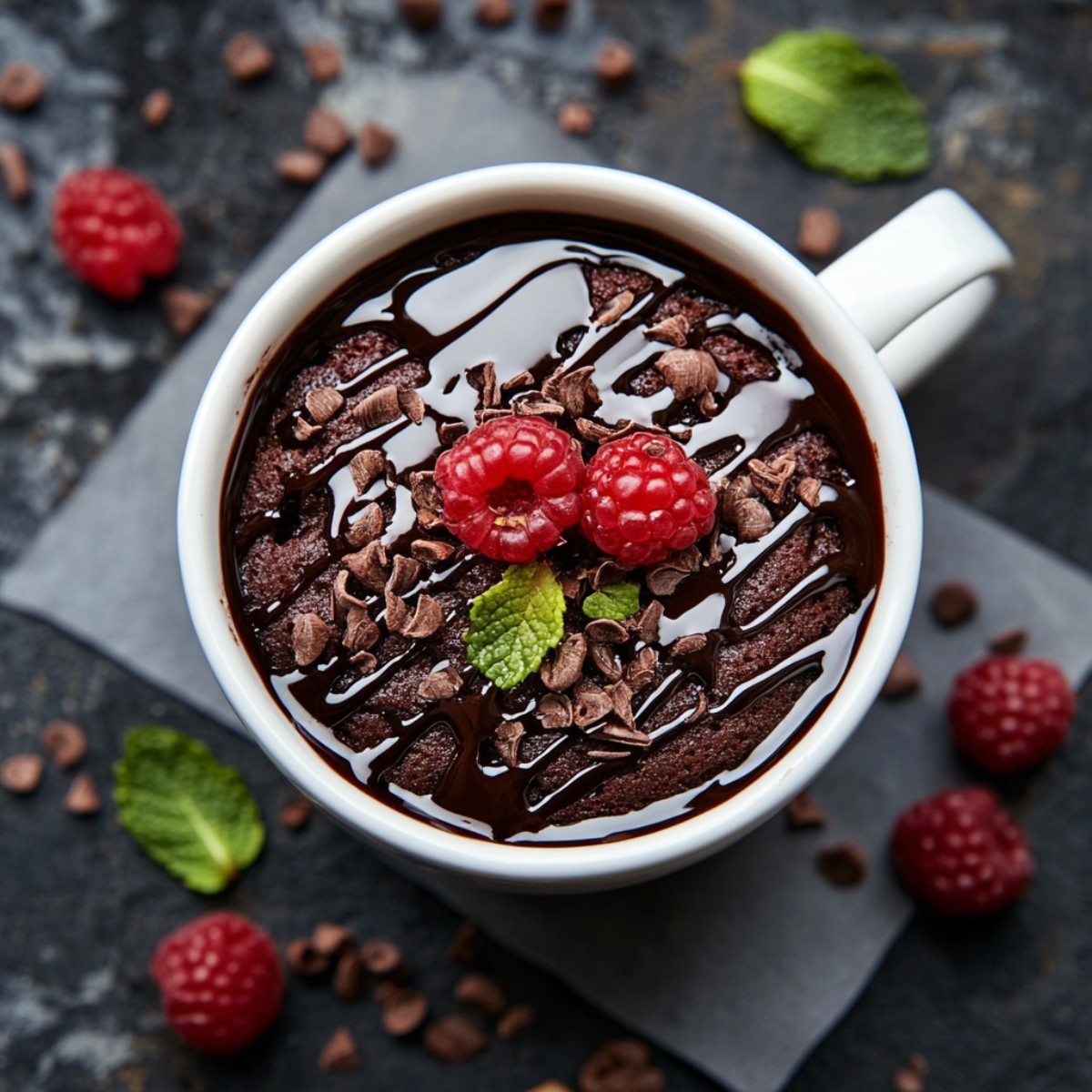 Freshly made 3 ingredient mug cake in white mug on counter