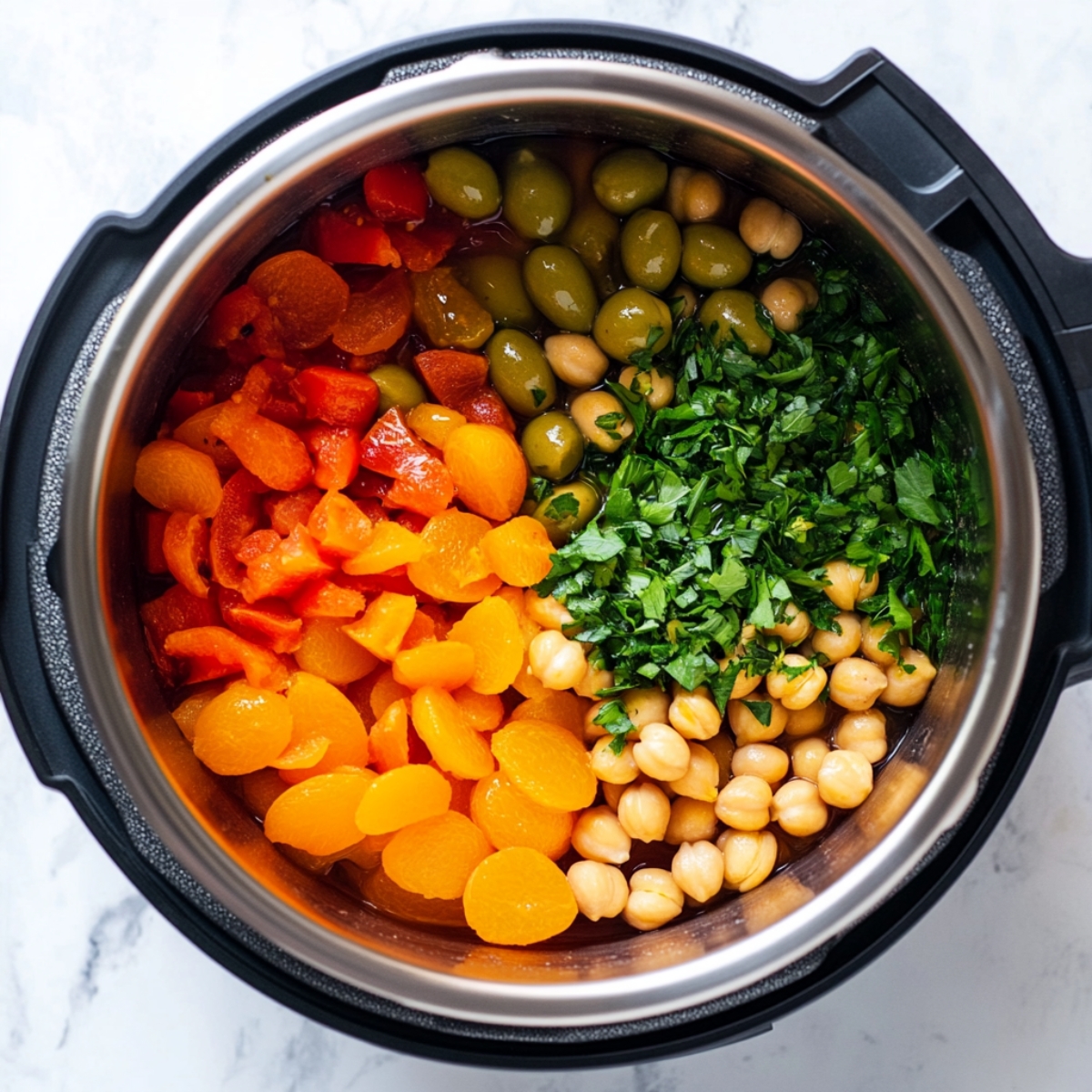 Uncooked Moroccan chicken stew ingredients layered in the Instant Pot.

