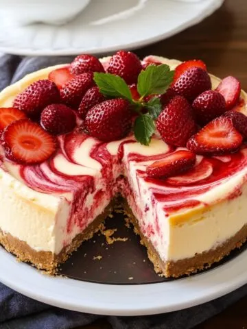 Homemade strawberry swirl cheesecake