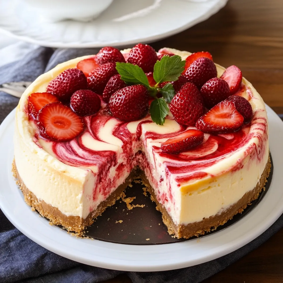 Homemade strawberry swirl cheesecake